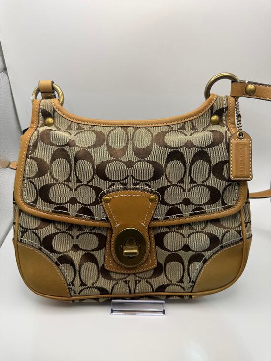 Coach Handbags - Coach Signature Canvas Shoulder Bag – Khaki/Tan | Turn-Lock Flap